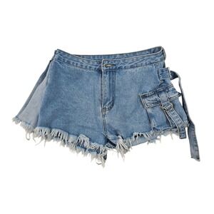 Kaylee Kollection Denim Shorts Medium Wash Cargo Pocket Frayed HemUtility Blue M